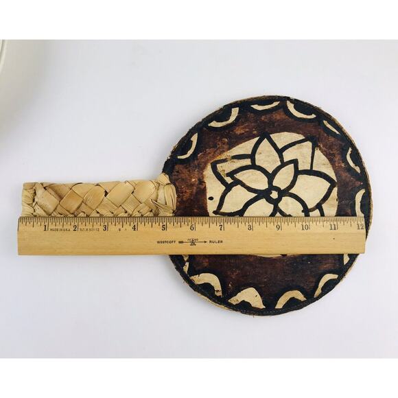 Rattan Hand Held Fan Polynesian Kapa Bark Raffia Antique Woven - Picture 9 of 10